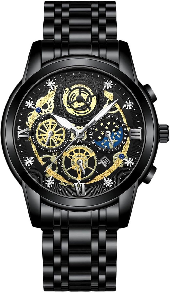 Luxe Analoog Herenhorloge Roestvrij Staal met Diamantaccenten, Waterdicht en Lichtgevende Datum