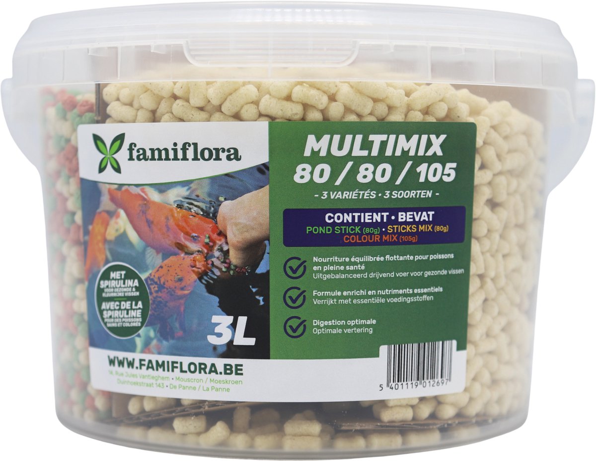 Famiflora Multimix Colstipo 3 L 80/80/105 (ca. 265 gr) - Vijvervisvoer mix - Drijvend - Spirulina - Gezonde groei & kleur - Drijvend vijvervoer - Mix van 3 formules: pond stock, sticks & colour