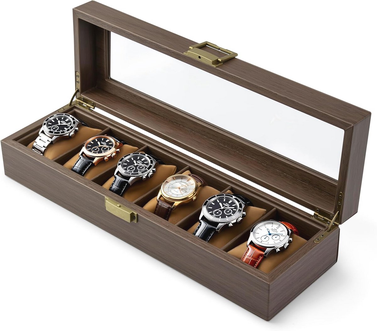 Houten horloge doos met glazen deksel - 6 slots horloge organizer voor mannen en vrouwen