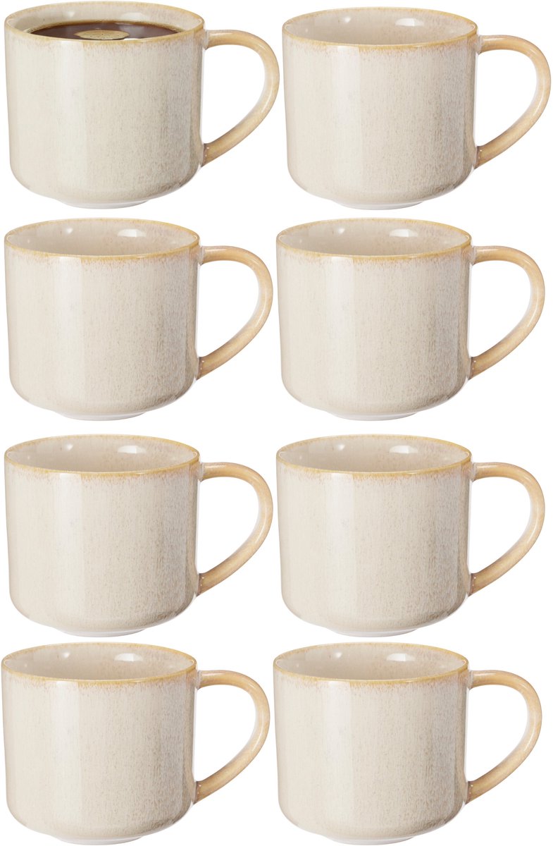 Excellent Houseware Koffiemok/theemok - set 8x - Rustic - beige - 330 ml - mokken - keramiek