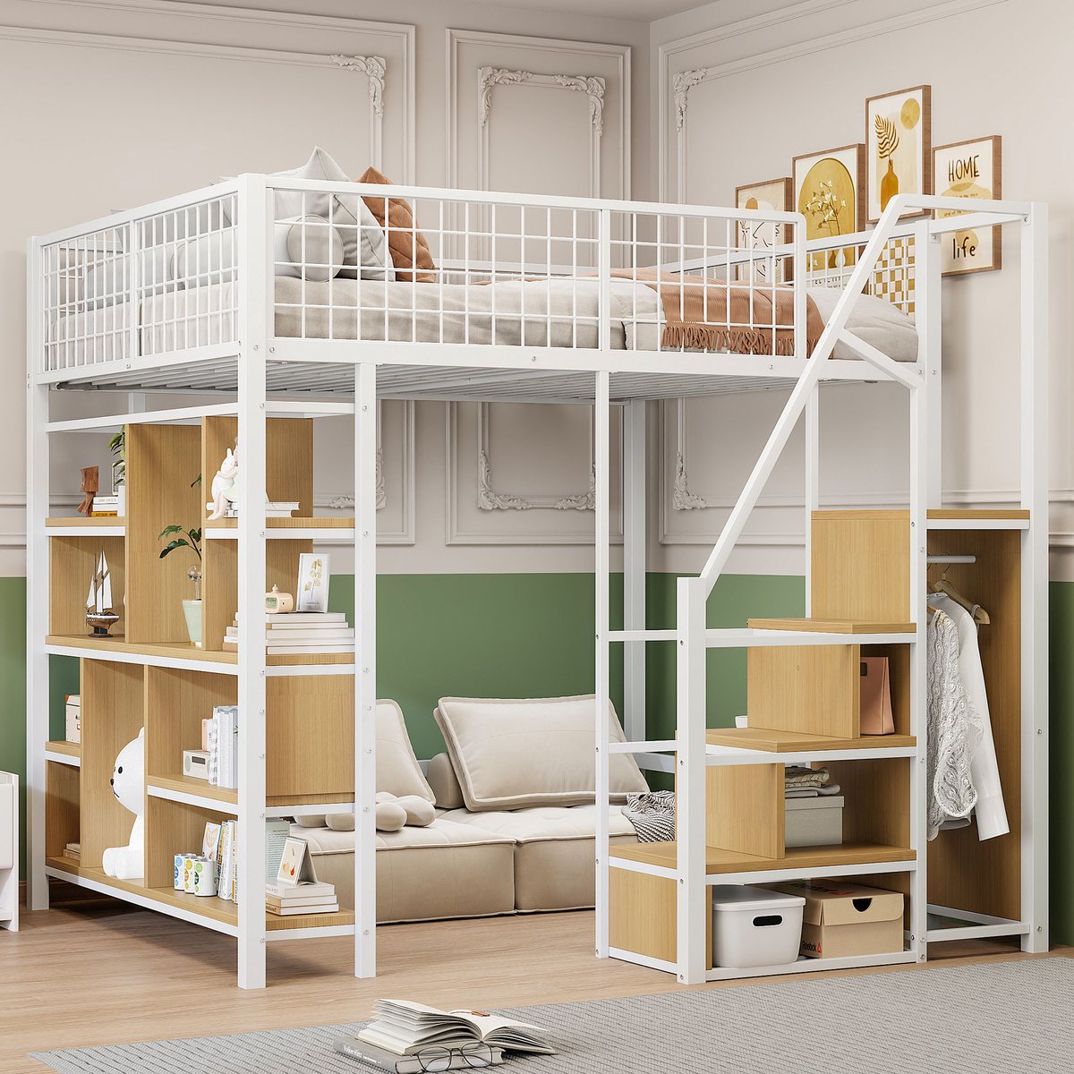 Wishdor Hoogslaper 140x200 cm – Met Opbergtrap & Ingebouwde Kast – Creëert Ruimte onder Bed – Ideaal voor Studio of Tienerkamer – Metaal & Hout – Wit