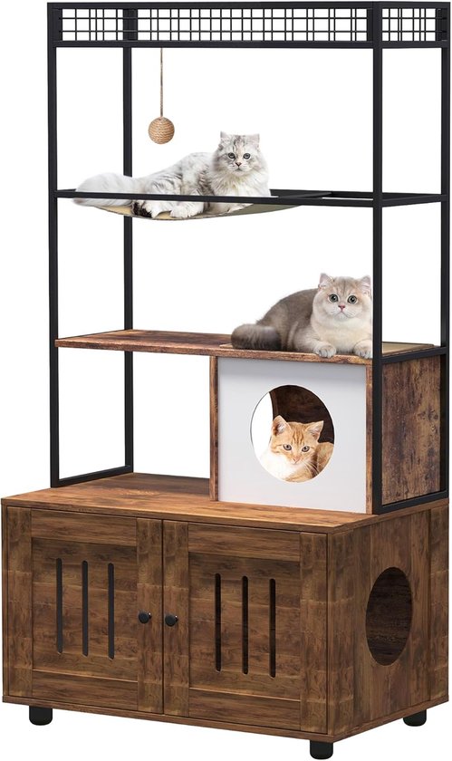 Kast voor Katten – 80x48x152 cm – Grote Krabpaal Kast met Houten Kattenbakmeubel, Opbergvak, Grot, Hangmat & Speelbal – Metalen Frame – Dubbele Deur