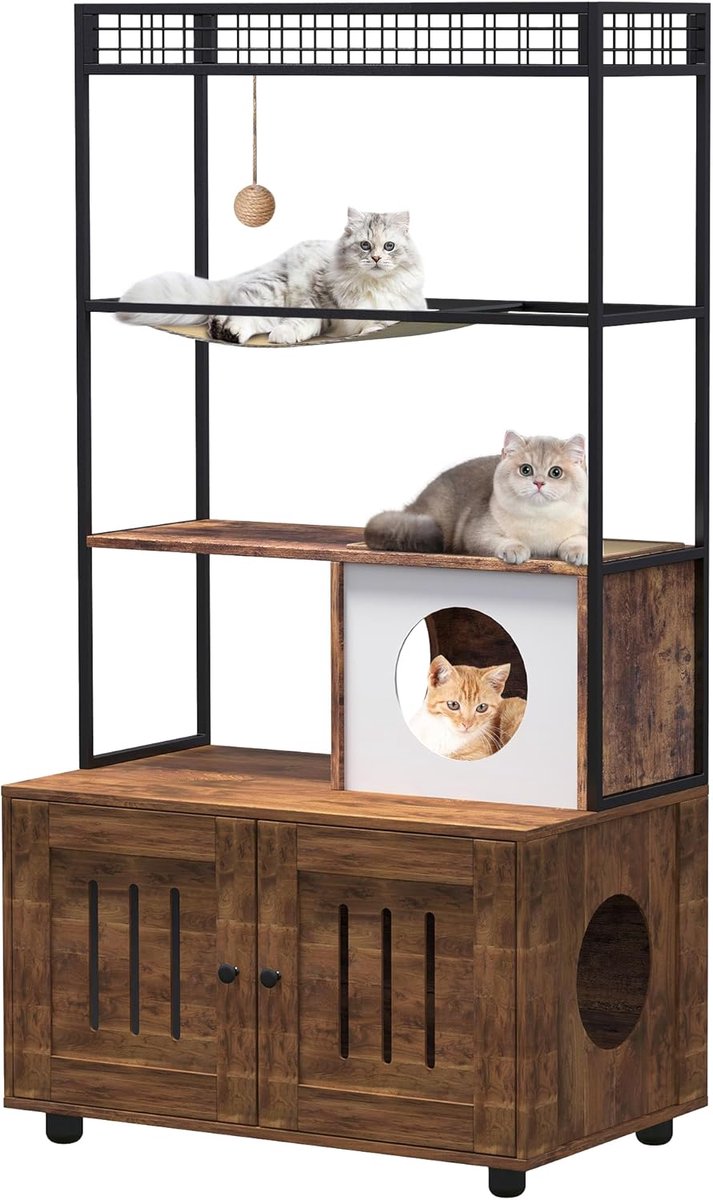 Kast voor Katten – 80x48x152 cm – Grote Krabpaal Kast met Houten Kattenbakmeubel, Opbergvak, Grot, Hangmat & Speelbal – Metalen Frame – Dubbele Deur