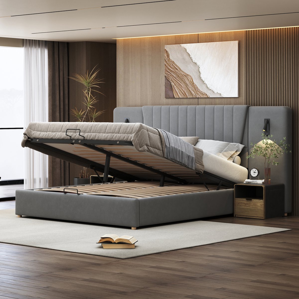 Wishdor Opbergbed 180x200 cm - Met Extra Lang Hoofdbord & Draaibare Leeslampen - Inclusief