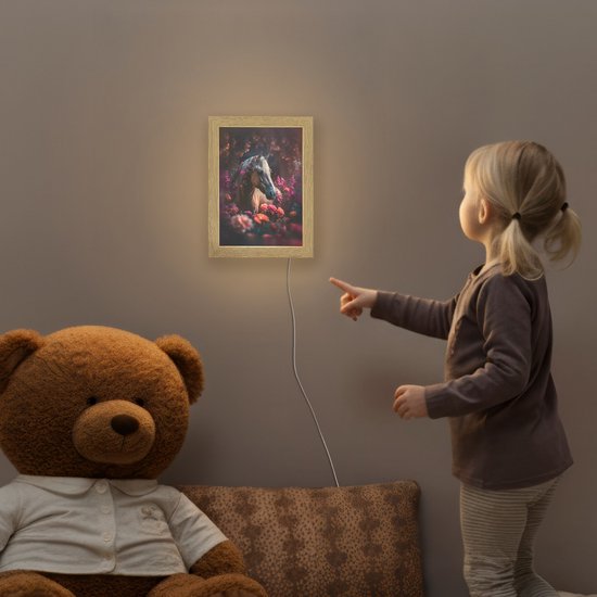 Nachtlampje 15x20 cm - Kinder lamp - Paard - Bloemen - Paars - Oranje - Dieren - Tafellamp kinderkamer - Slaapkamer lamp - Bedlamp kinderen - Kinderlampje stopcontact - Wandlamp babykamer - Nachtlampjes van Merkloos — afbeelding 5
