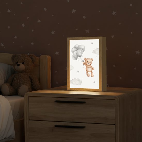 Nachtlampje 20x30 cm - Kinder lampje - Beer - Ballon - Sterren - Kinderen - Tafellamp kinderkamer - Slaapkamer lamp - Bedlamp kinderen - Kinderlampje stopcontact - Wandlamp babykamer - Nachtlampjes van OnlyWow — afbeelding 2