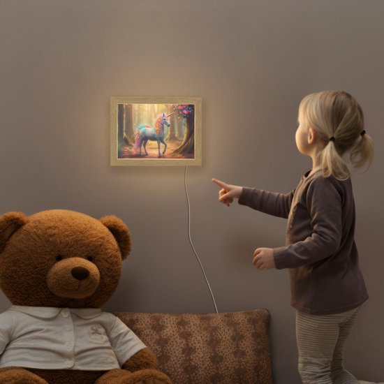 Nachtlampje 20x15 cm - Kinder lampje - Eenhoorn - Bos - Kleurrijk - Bloemen - Meiden - Tafellamp kinderkamer - Slaapkamer lamp - Bedlamp kinderen - Kinderlampje stopcontact - Wandlamp babykamer - Nachtlampjes van Merkloos — afbeelding 5