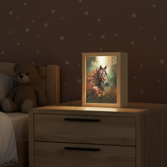 Nachtlampje 15x20 cm - Kinder lampje - Paard - Bloemen - Natuur - Dieren - Bos - Oranje - Tafellamp kinderkamer - Slaapkamer lamp - Bedlamp kinderen - Kinderlampje stopcontact - Wandlamp babykamer - Nachtlampjes van OnlyWow — afbeelding 2