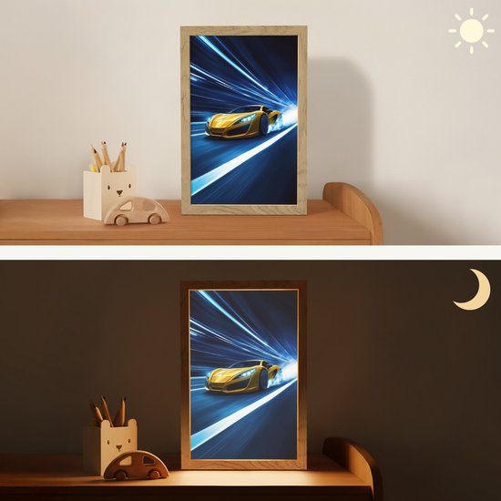 Nachtlampje 20x30 cm - Kinder lamp - Auto - Geel - Race - Blauw - Tafellamp kinderkamer - Slaapkamer lamp - Bedlamp kinderen - Kinderlampje stopcontact - Wandlamp babykamer - Nachtlampjes van Merkloos — afbeelding 4