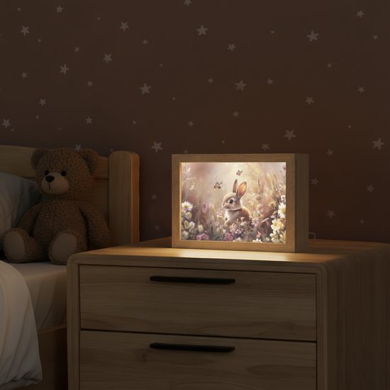 Nachtlampje 20x15 cm - Kinder lamp - Konijntje - Bruin - Bloemen - Vlinders - Tafellamp kinderkamer - Slaapkamer lamp - Bedlamp kinderen - Kinderlampje stopcontact - Wandlamp babykamer - Nachtlampjes van Merkloos — afbeelding 2