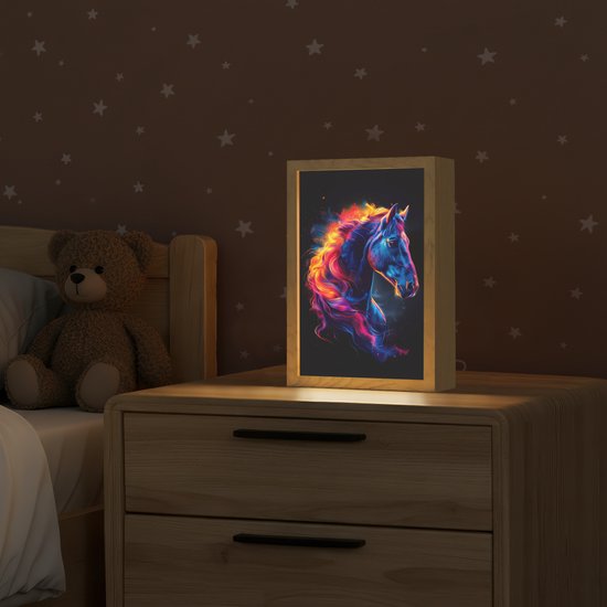 Nachtlampje 20x30 cm - Kinder lampje - Paard - Dier - Rook - Zwart - Kleuren - Tafellamp kinderkamer - Slaapkamer lamp - Bedlamp kinderen - Kinderlampje stopcontact - Wandlamp babykamer - Nachtlampjes van Merkloos — afbeelding 2