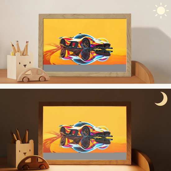 Nachtlampje 30x20 cm - Kinder lampje - Auto - Race - F1 - Jongens - Geel - Rood - Tafellamp kinderkamer - Slaapkamer lamp - Bedlamp kinderen - Kinderlampje stopcontact - Wandlamp babykamer - Nachtlampjes van Merkloos — afbeelding 4
