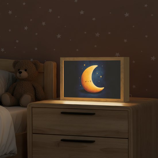 Nachtlampje 30x20 cm - Kinder lampje - Maan - Geel - Sterren - Gezichtje - Tafellamp kinderkamer - Slaapkamer lamp - Bedlamp kinderen - Kinderlampje stopcontact - Wandlamp babykamer - Nachtlampjes van Merkloos — afbeelding 2