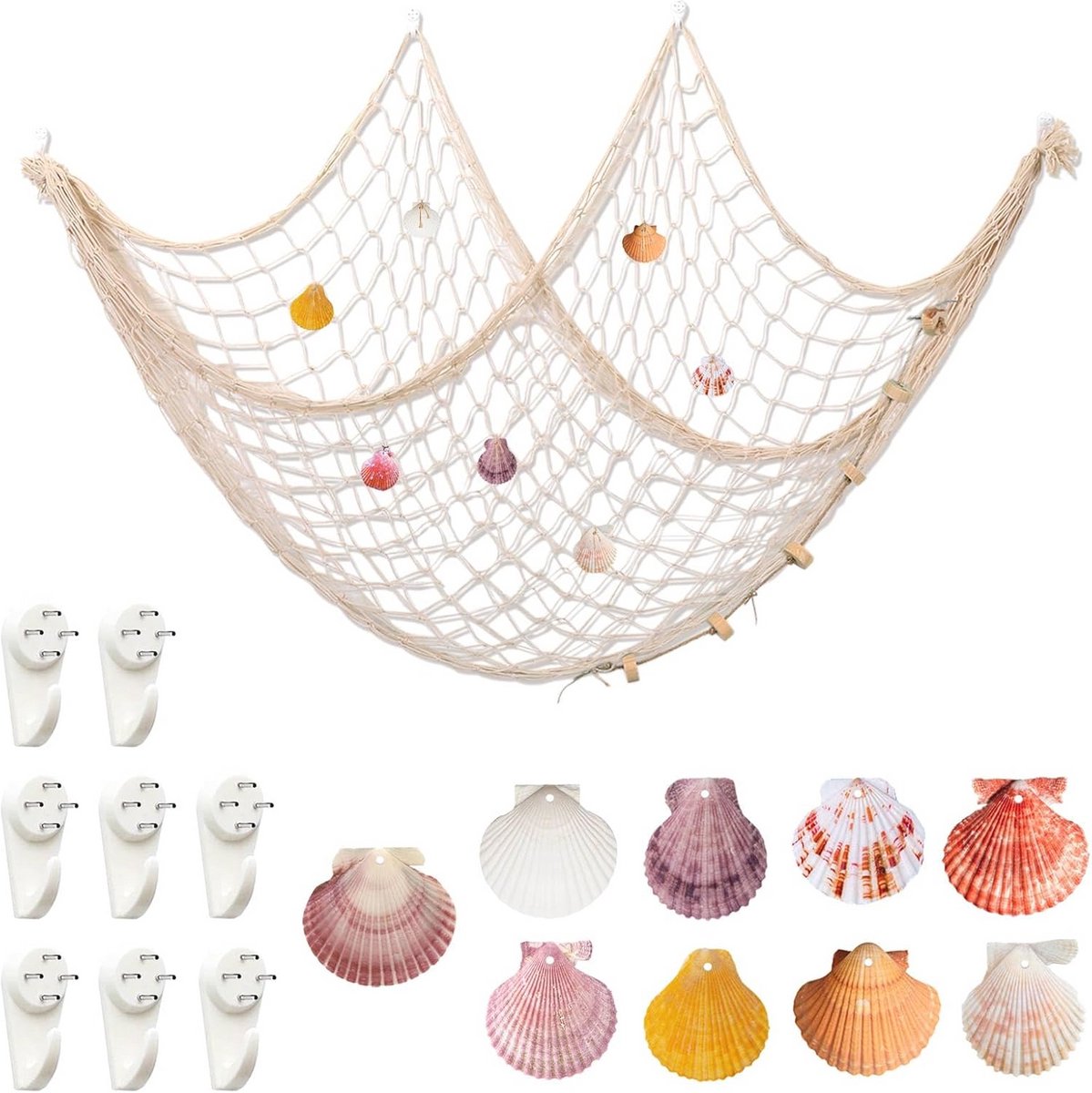 Decoratief visnet met schelpen voor wanddecoratie 100 x 200 cm