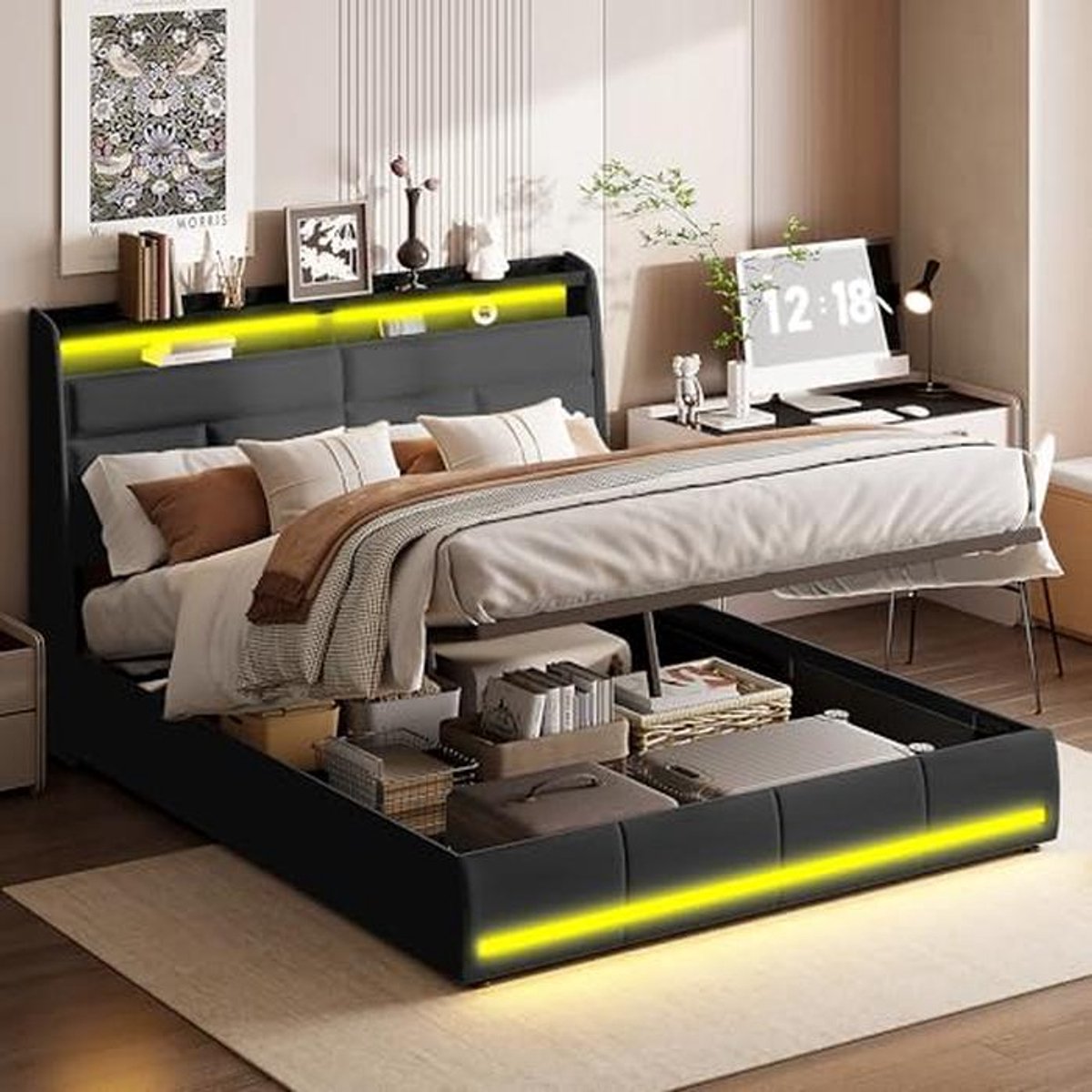 Tweepersoons Boxspring Bed 160x200 cm Zwart met LED Verlichting en Ruime Opbergruimte