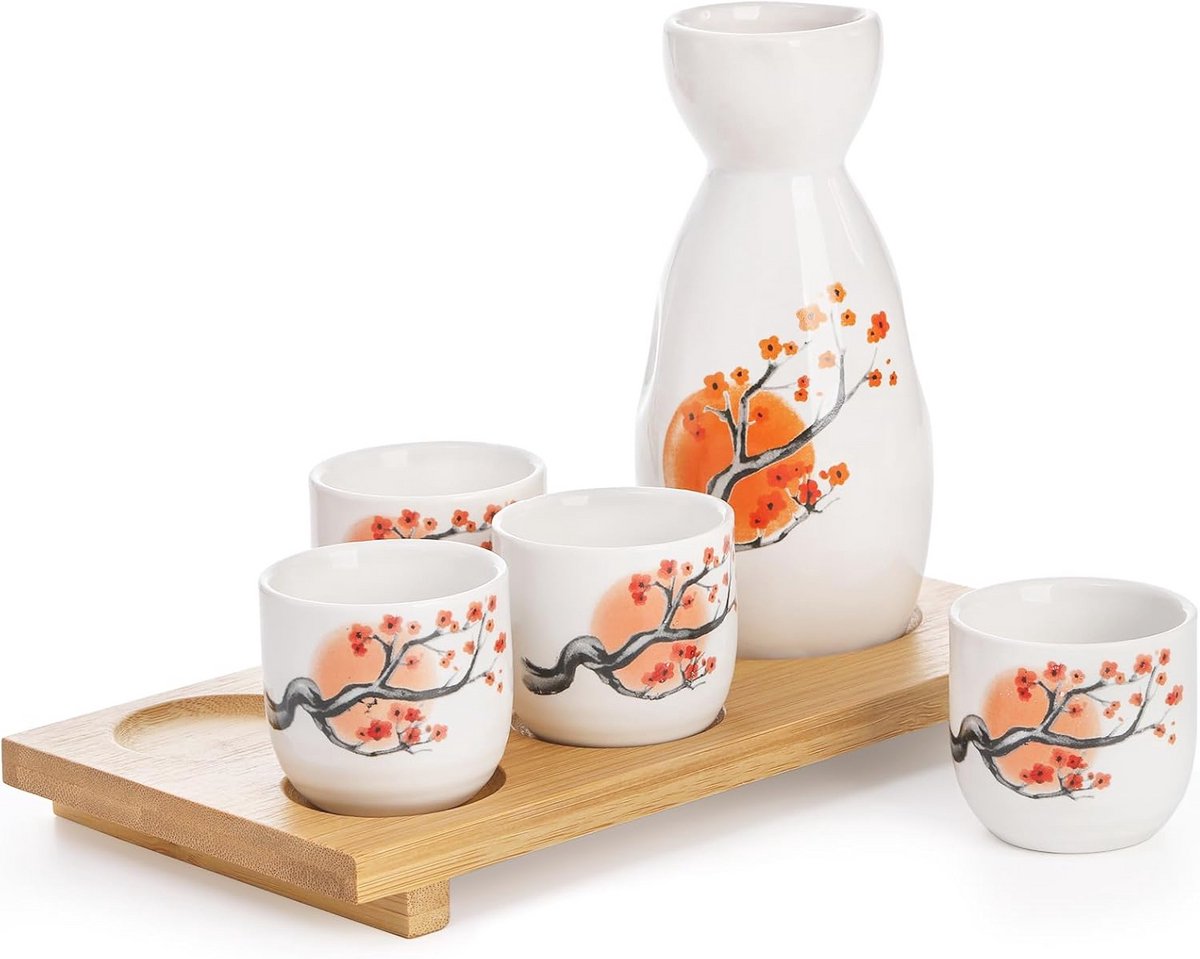 Keramische Japanse Sake Set met Karaf, Sake Kopjes en Bamboe Dienblad - 6 Delig