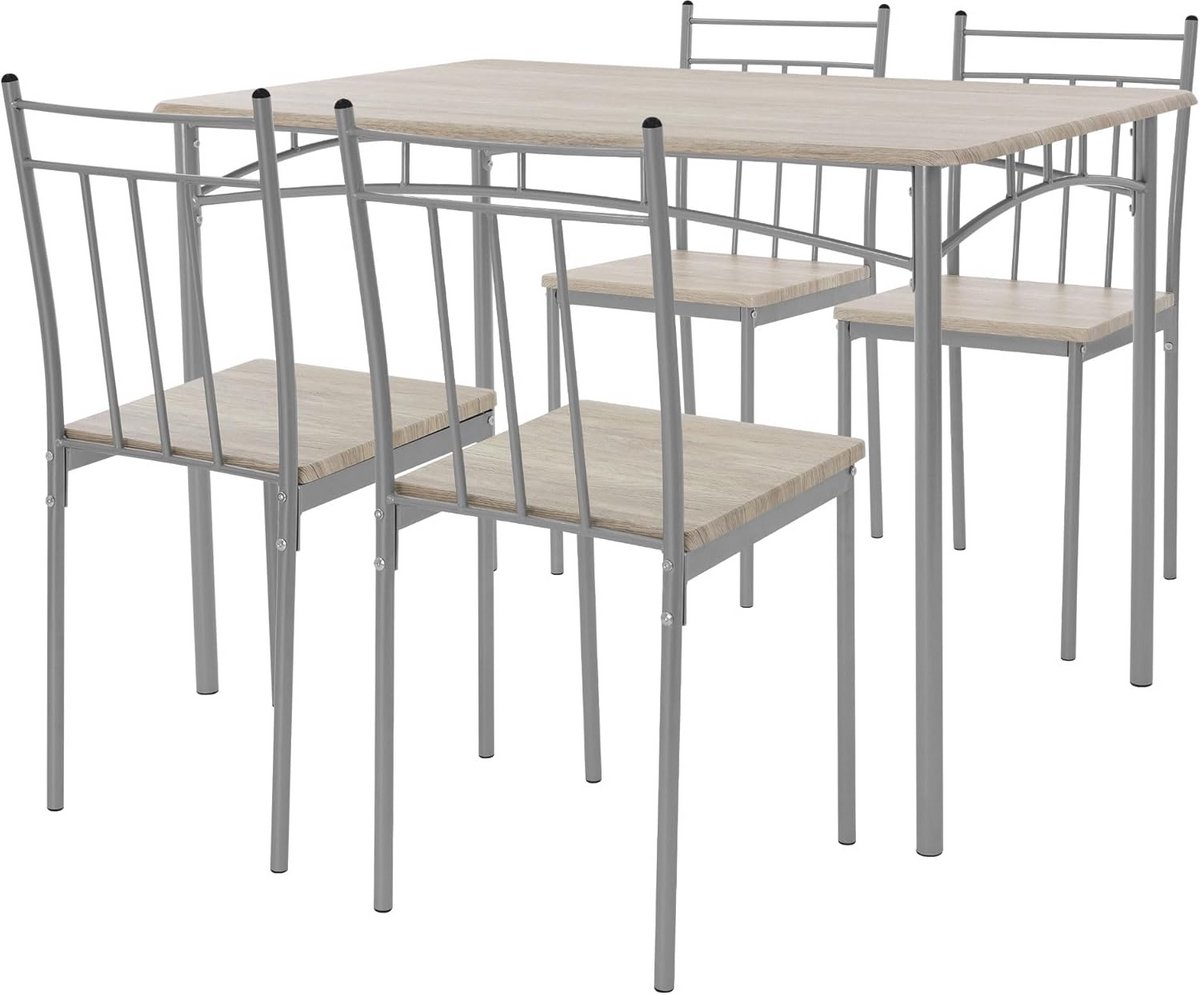 Eettafel met 4 Stoelen, Licht Eiken, 5-delige Eetset voor 4 Personen, Houten Eettafel met Metalen Poten, Eetkamer- en Keukentafelset, Ruimtebesparend Ontwerp