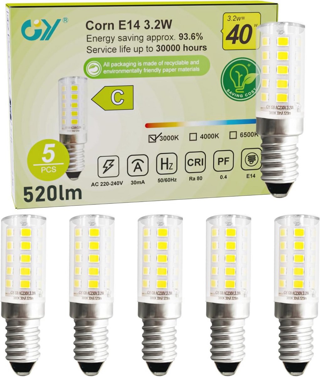 LED E14 voor koelkast en afzuigkap - 3,2W, warmwit, 520 lumen, niet dimbaar, 5 stuks