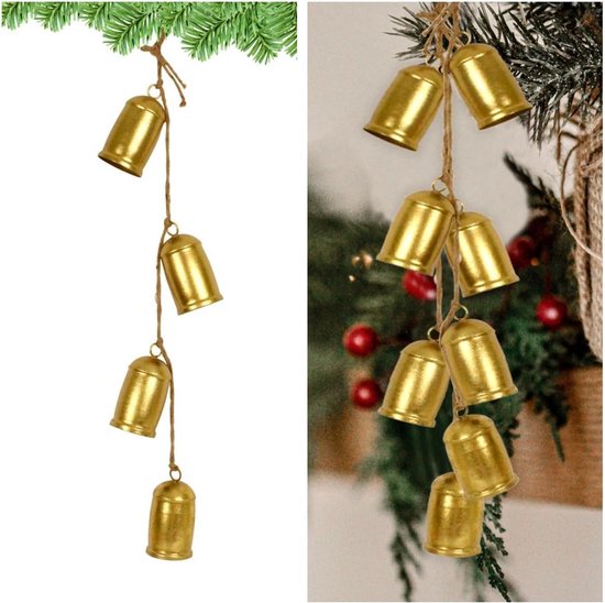 Twee klokken kerst goud 10 cm groen met strik Hortus