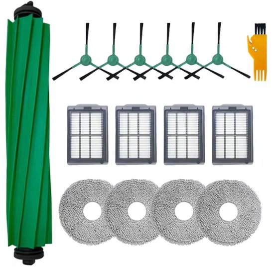 Een set robotstofzuigeronderdelen: groene hoofdborstel, 4 filters, 4 drievoudige zijborstels en een reinigingsborsteltje.