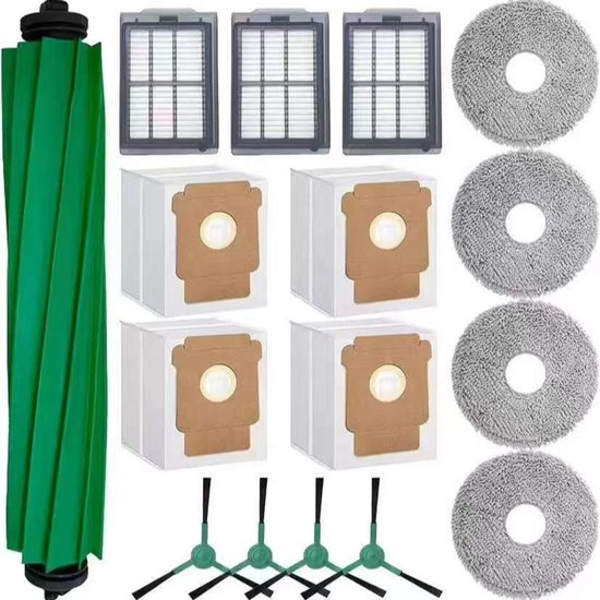 Groene hoofdborstel, 3 grijze microvezel pads, 4 stofzuigerzakken en 4 grijze filters.