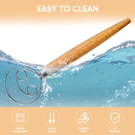 Deense deegmixer - roestvrij staal - handmixer geschikt voor brooddeeg - houten handvat - keukenbakgereedschap - broodbakgereedschap en accessoires -hout -34cm -Dubbele ring — afbeelding 4