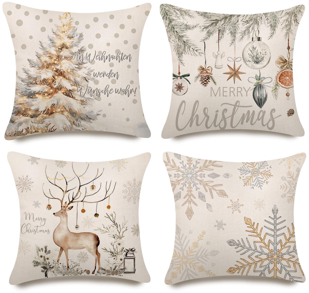 Unyqoos Set van 4 decoratieve linnen kussenhoezen met kerstmotieven voor een feestelijke sfeer Linnen Kleur