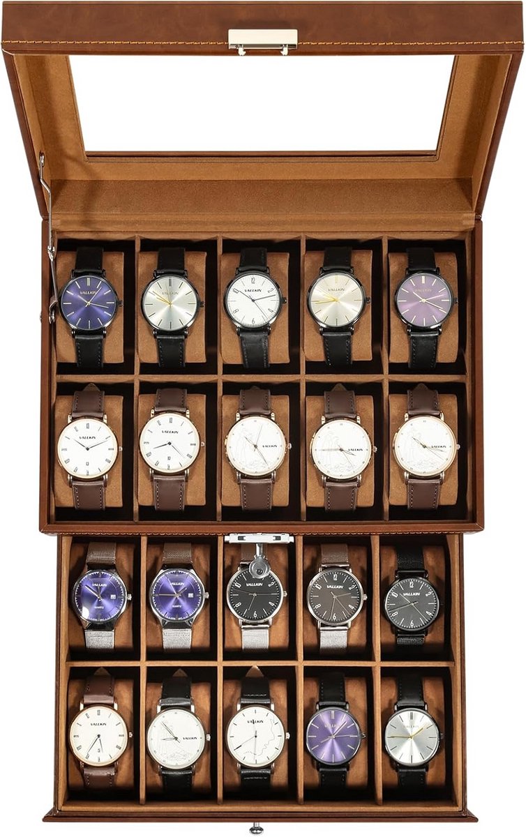 Horlogebox 20 Vakken met Glazen Deksel en Sleutelslot - 2-Laags Sieradenopbergdoos voor Dames en Heren