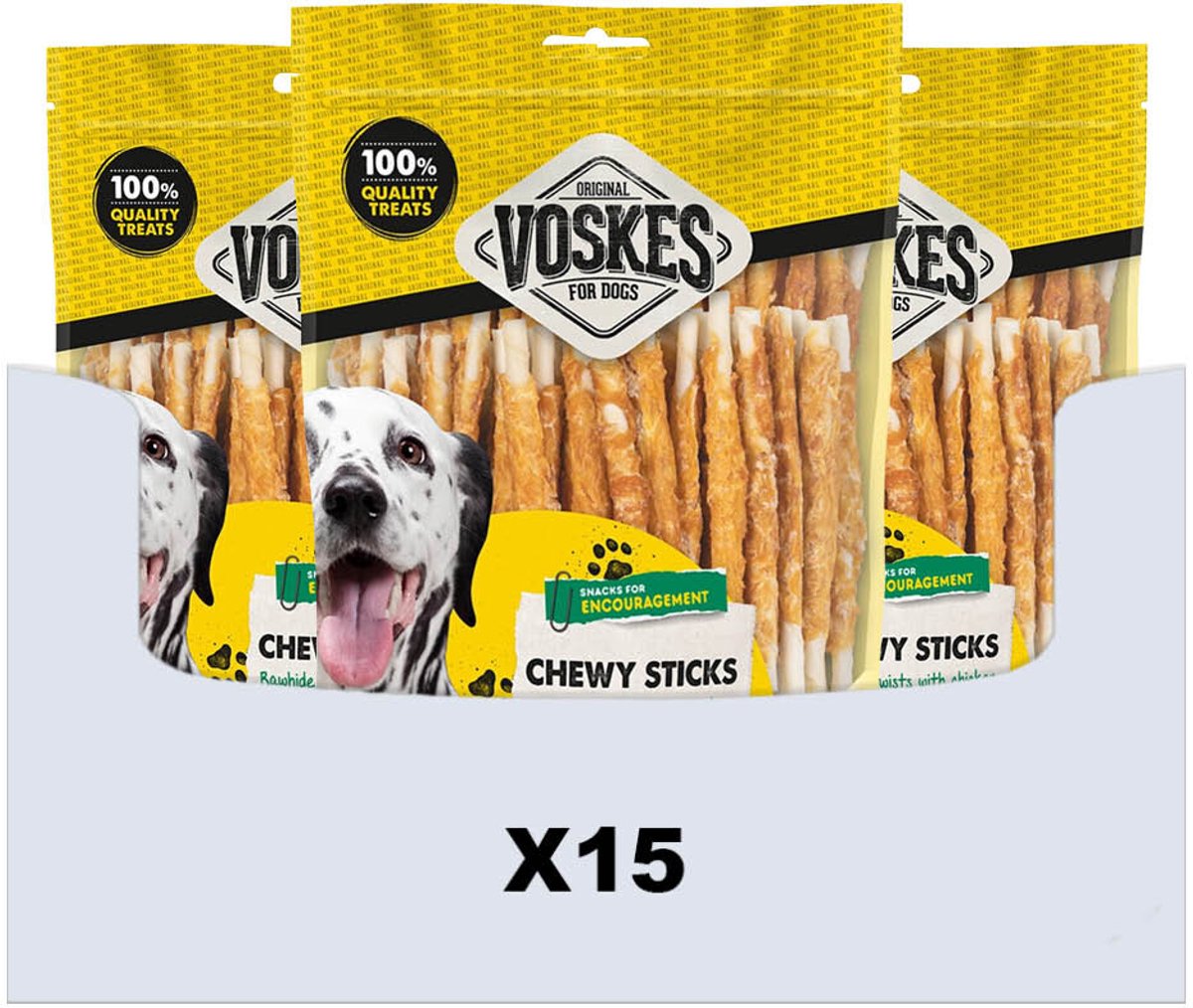 Voskes Hondensnack Rawhide Sticks Kip - 15 x 400 gr - Voordeelverpakking