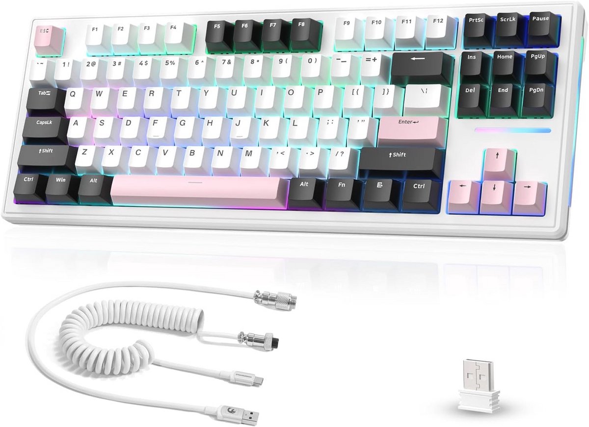 Draadloos Mechanisch Gaming Toetsenbord Hot-Swappable met RGB Verlichting - Wit/Roze