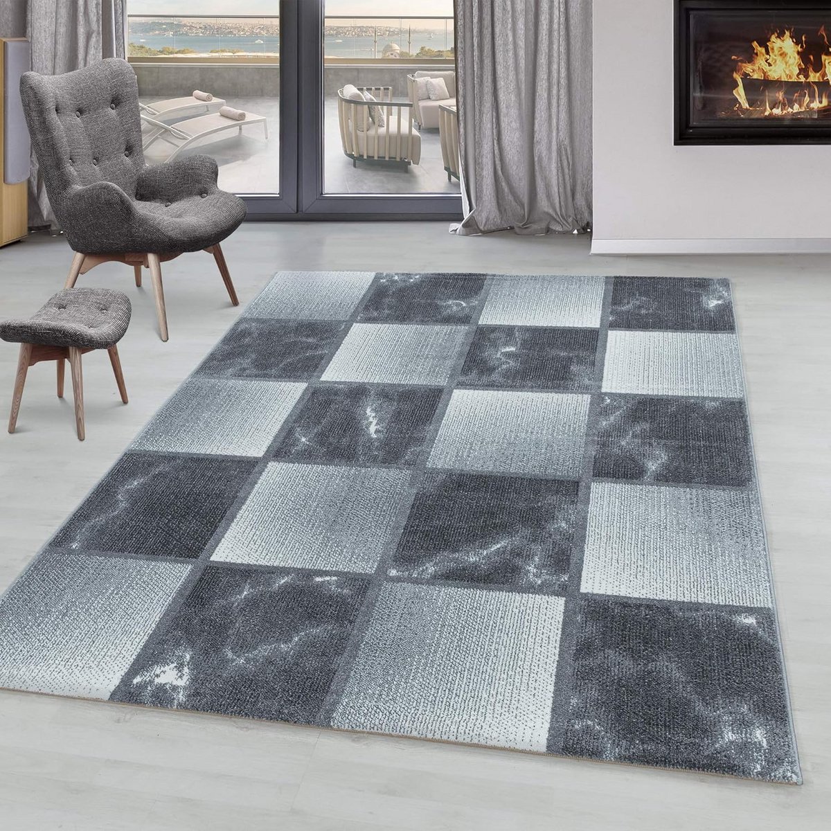 Zacht Laagpolig Vloerkleed Grijs Licht Geruit Marmer 140x200 cm Geschikt voor Vloerverwarm