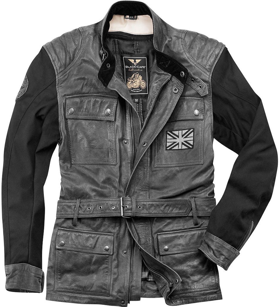 Black-Cafe London Retro Donkergrijs Leren Motorjas - Jas