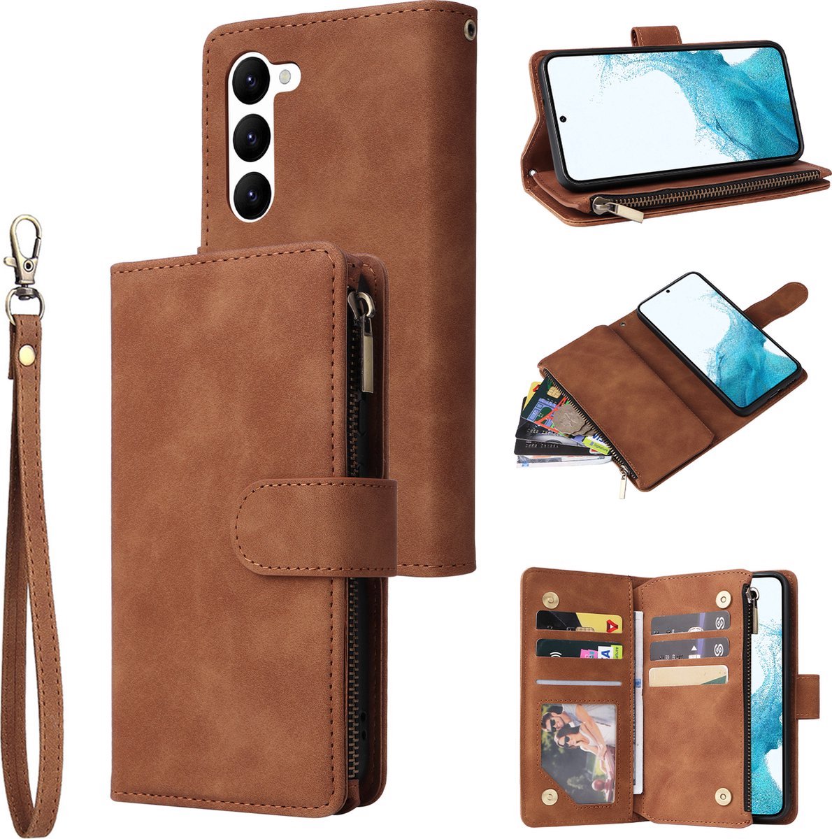 YPCd Wallet Case Pasjeshouder met Rits – Geschikt voor Samsung Galaxy S23 – Luxe Bookcase Hoesje met 6 Pasjesvakken & Polsbandje – Bruin
