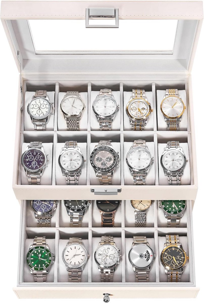 Watch Box Organizer voor 20 Horloges - Elegante Opbergdoos met Glazen Deksel