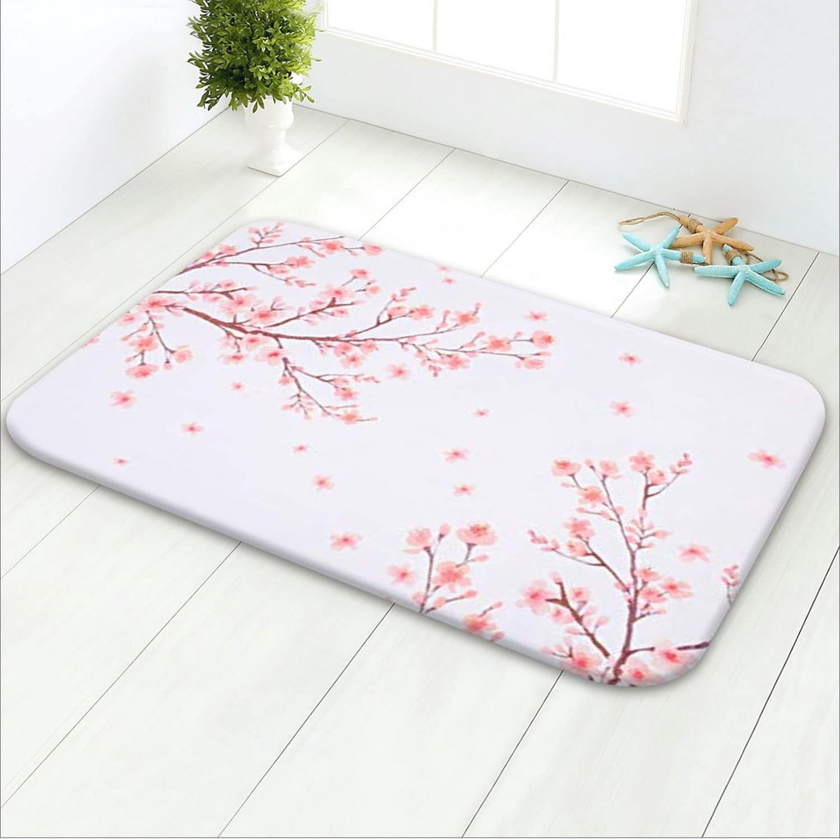 Roze bloemen badkamermat met kersenbloesem - antislip, ultrazacht & machinewasbaar - 61 x 40 cm