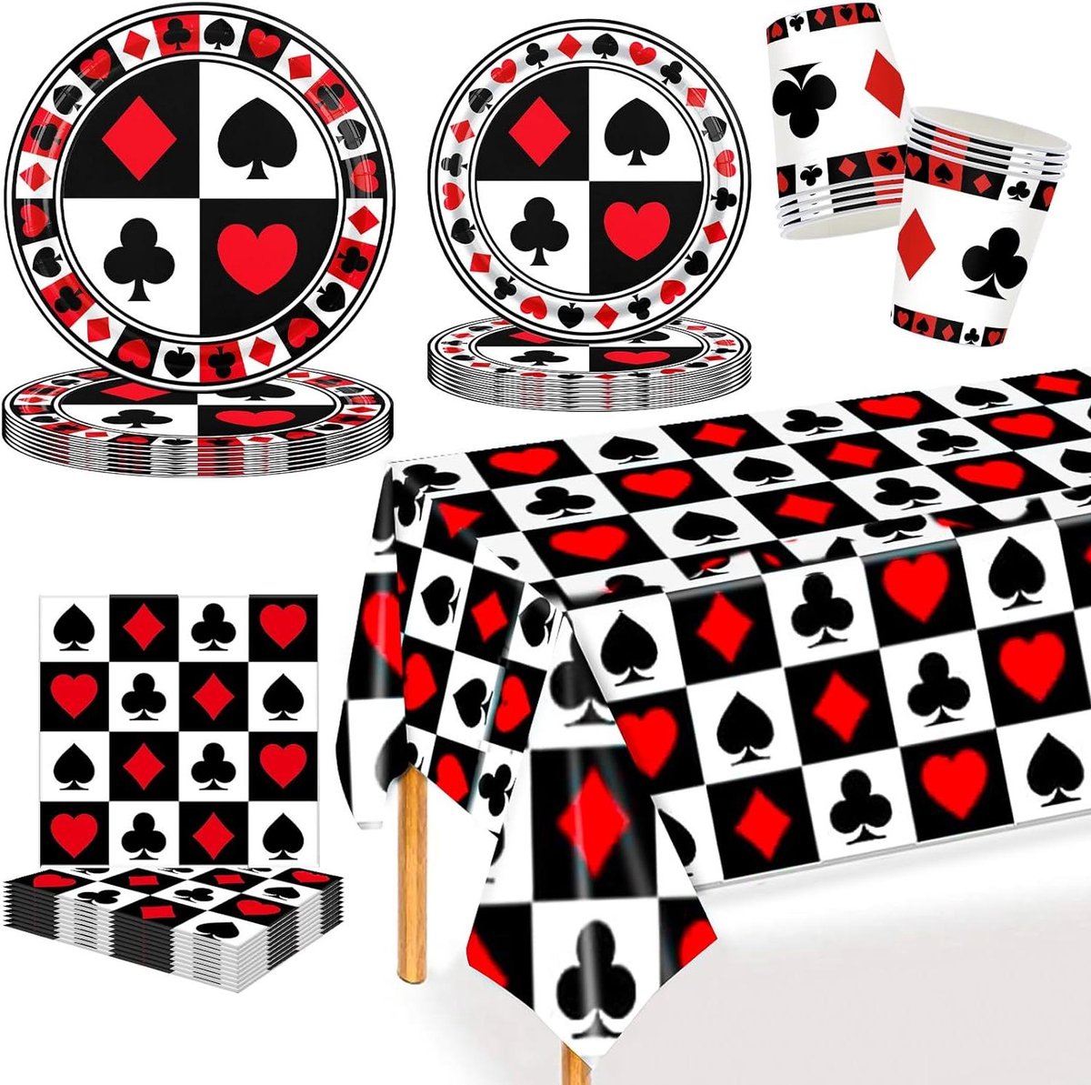 Allecta - 97-delige Casino Party Feestdecoratie Set | Verjaardag Servies Set | Papieren Borden, Bekers, Servetten | Casino Themed Feestversiering met Spelkamer Thema - Feestbenodigdheden - Feestaccessoires