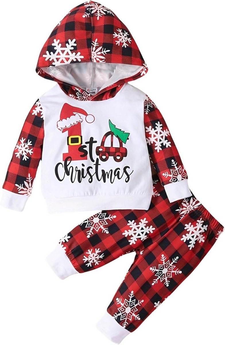 Mijn Eerste Kerst Outfit voor Jongens - Lange Mouw Set met Kerstprint en Ruitpatroon 3-24 Maanden