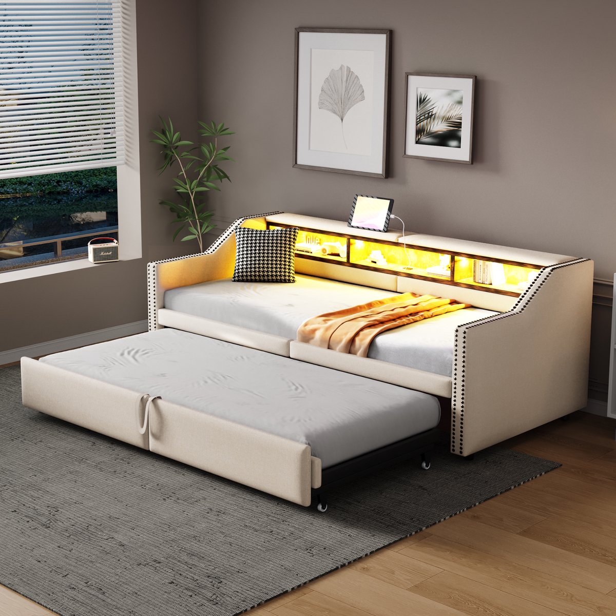 REDOM Bedframe 90/180x200 cm van linnen – Uitschuifbaar met USB, LED en 3 opbergvakken – Beige