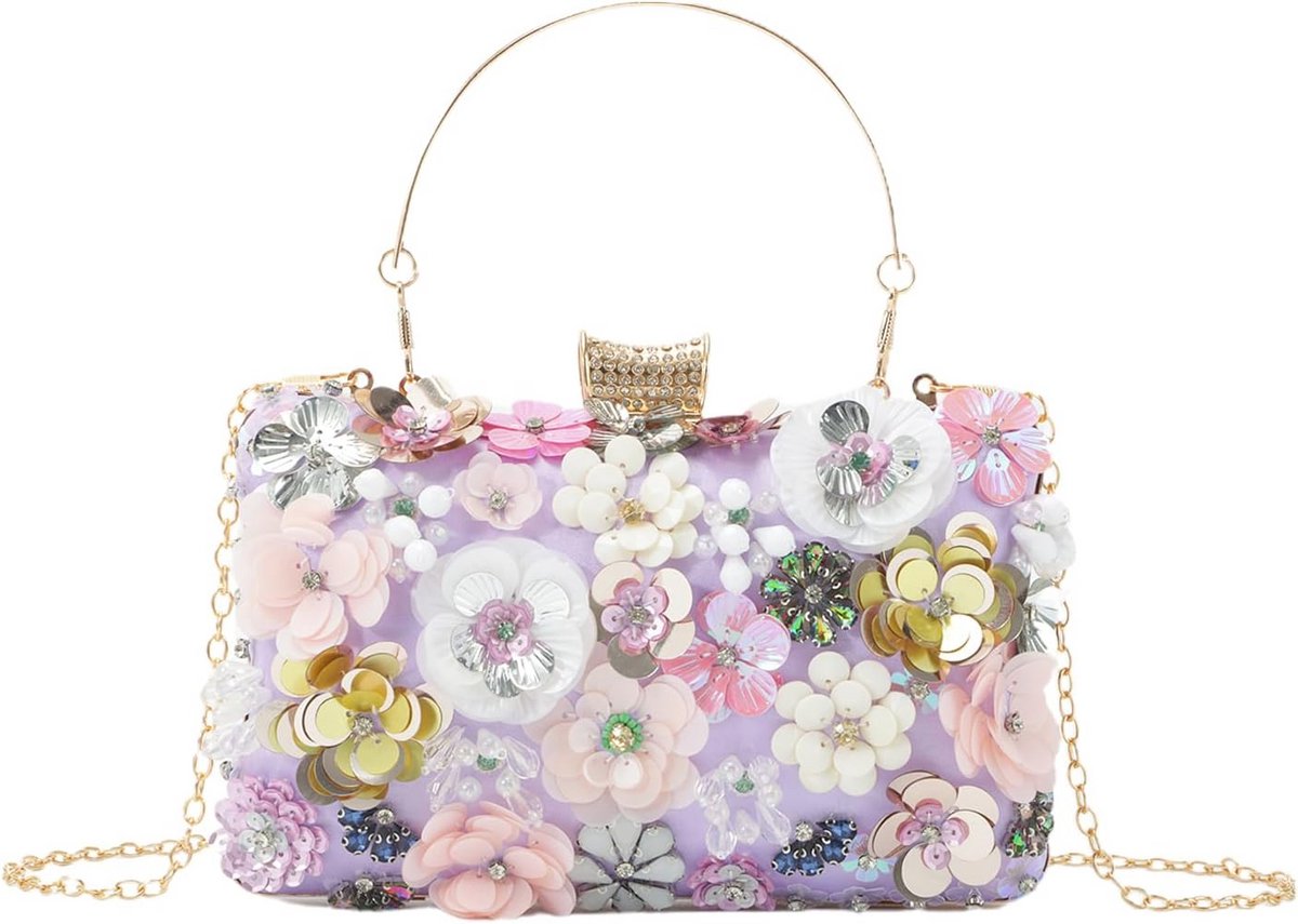 Kleurige Bloemen Clutch Portemonnee voor Vrouwen - Avond Handtas met Strass en Schouderketting
