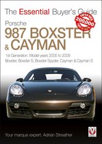 Voorkant van 'The Essential Buyer's Guide Porsche 987 Boxster & Cayman' boek, met een bruine Porsche 987 Boxster op de voorgrond. "200,000 COPIES SOLD"