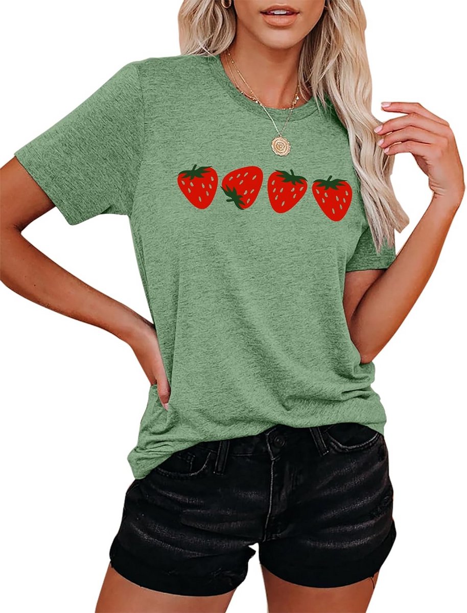 Dames T-shirt met Aardbeienprint Kort Gebreid Zomer T-shirt