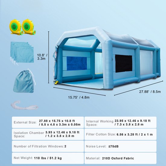 Opblaasbare Spuitcabine, 8,5 X 4,9 X 3,3 m met Filters en Ventilatoren van Merkloos — afbeelding 4