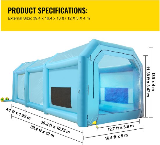 Opblaasbare Spuitcabine, 12 X 5 X 4 m Spuitcabine met Dubbele Ventilatoren, Draagbare Spuitcabine met Luchtfiltratiesysteem, Ideaal voor Het Spuiten van Auto's en Als Werkstation In Een Parkeertent, Blauw van Merkloos — afbeelding 3