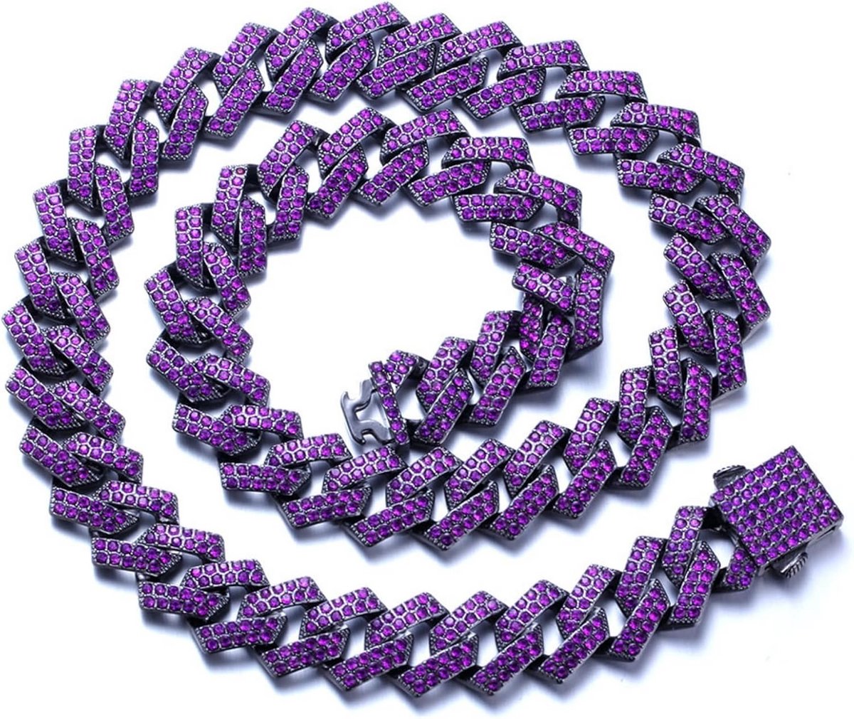 Geglänste Schakelarmband met Kristallen, 18K Goud en Platina Verguld, 12mm Breed, 20cm Lang