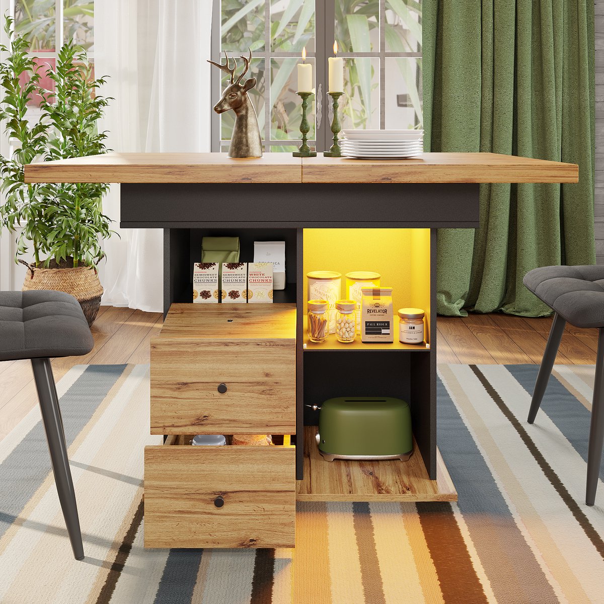 Wishdor Eettafel 110-140*80*75cm, uitschuifbaar, MDF blad met geïntegreerde LED en opbergruimte Natuurlijk+Zwart