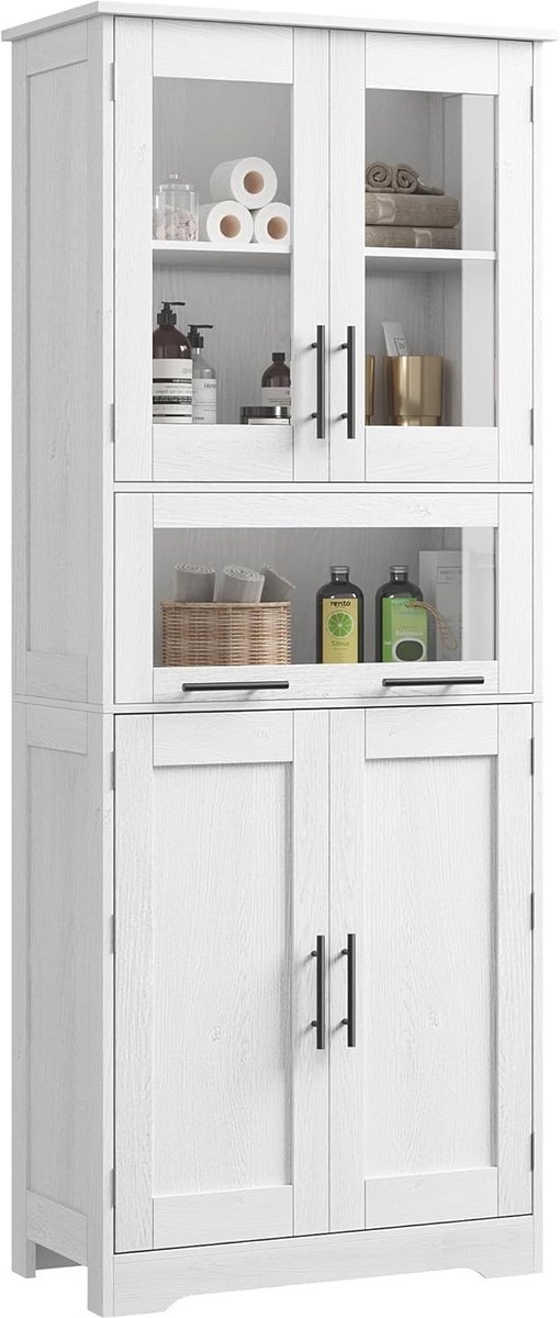Badkamerkast 170 cm – 4 deuren, 1 lade, verstelbare legplanken, glasfronten – 60 x 30 x 170 cm – Wit