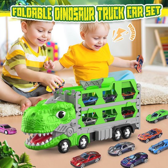 3T6B Dinosaurus-transporter, kinderspeelgoed met 12 mini-auto's, 3-in-1 opvouwbaar, draagbaar racebaanspeelgoed voor 3-5 jaar (groen
