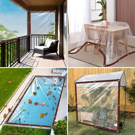 Collage: balkon, eettafel, zwembad en mini-serre, bedekt met transparante zeildoeken.
