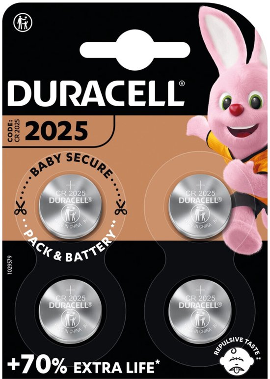 Emballage de quatre piles bouton Duracell CR2025. L'emballage présente le lapin Duracell et le texte "+70% EXTRA LIFE".