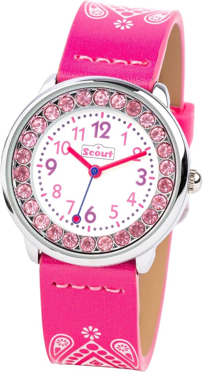 Meisjes Analoog Kwarts Horloge met PU Armband en Roze Glitterstenen
